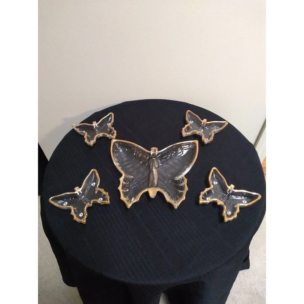 Set of 5 Vintage Glass Butterfly Dish Set Trimmed in Gold (Untested)